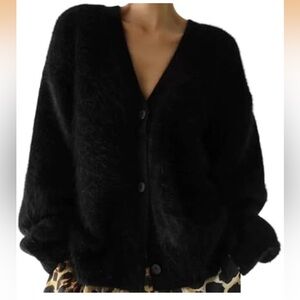 Womens Fuzzy Sweaters Cardigan V-Neck Button Down Oversized Mohair Sweater szS